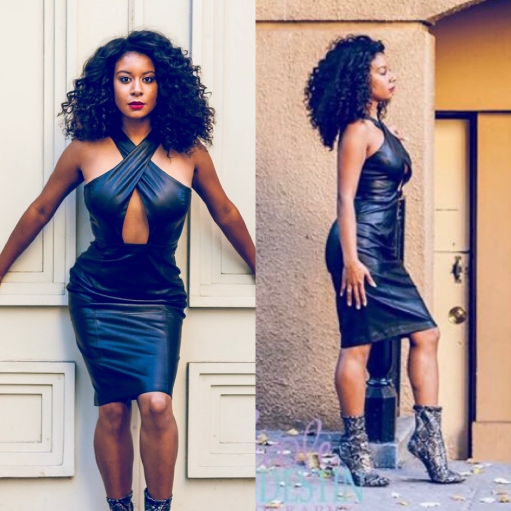 Sexy Faux Leather Cross Over Halter Dress